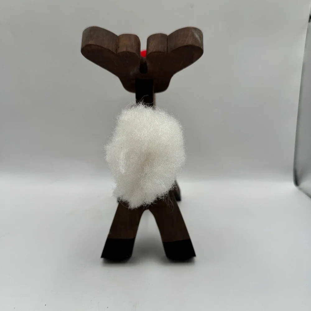 Wooden Standing Reindeer Christmas Decor Small Brown Plaid Bow Folk Art